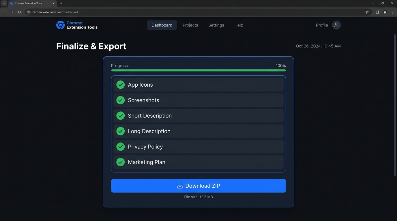 Extino export screen with an asset checklist and a Download ZIP button